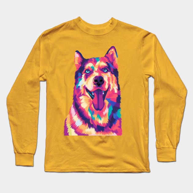 Colorful Pet Husky Dog Long Sleeve T-Shirt by Tupai Art